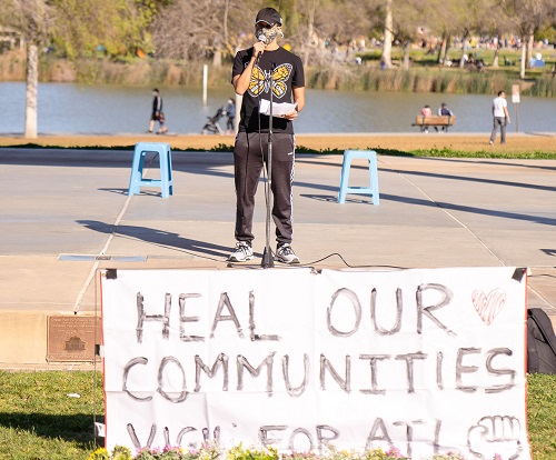 Juan delivers a speech at Lake Elizabeth in Fremont in 2021